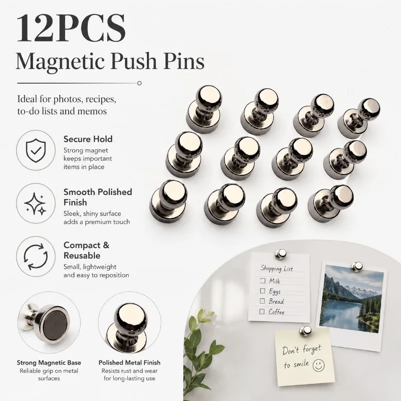 12PCS Silver Metal Magnetic Thumbtacks, Mini Fridge Magnets for Whiteboard, Locker, Memo Board, Photos, Reminders and Schedules