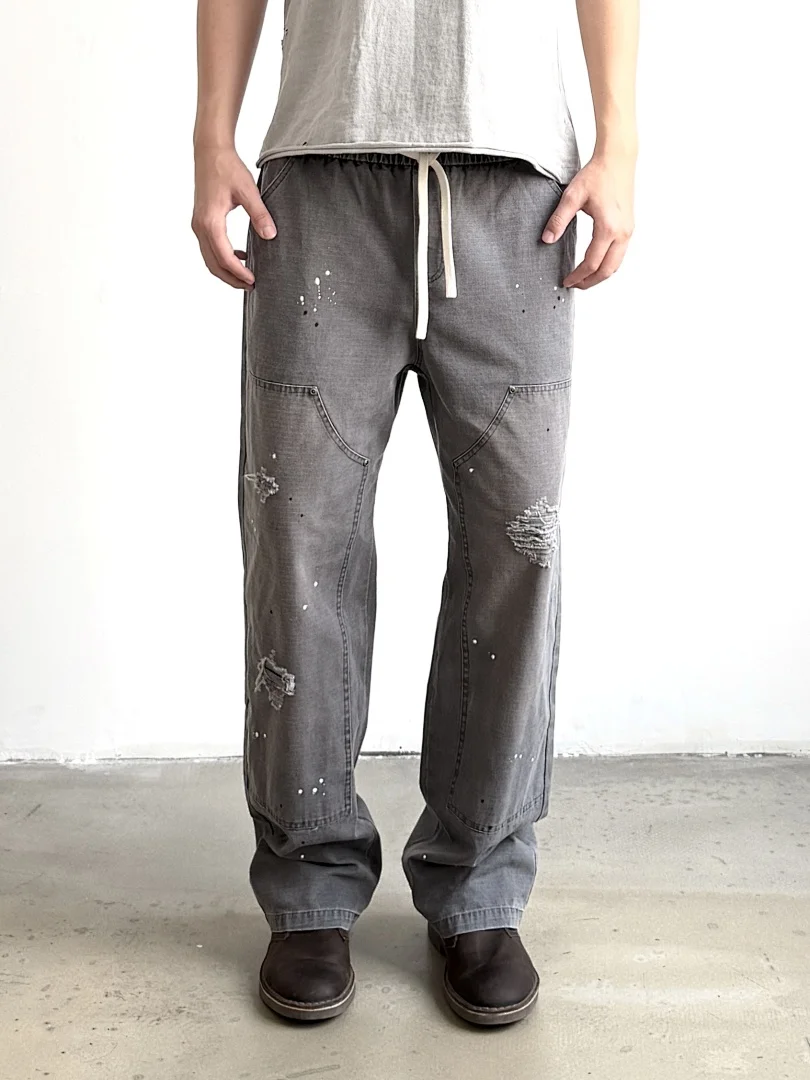 Vintage Saint Distressed Ripped Cargo Pants Men Elastic Drawstring Waist White Splash Ink Patch Pocket Loose Straight Trousers
