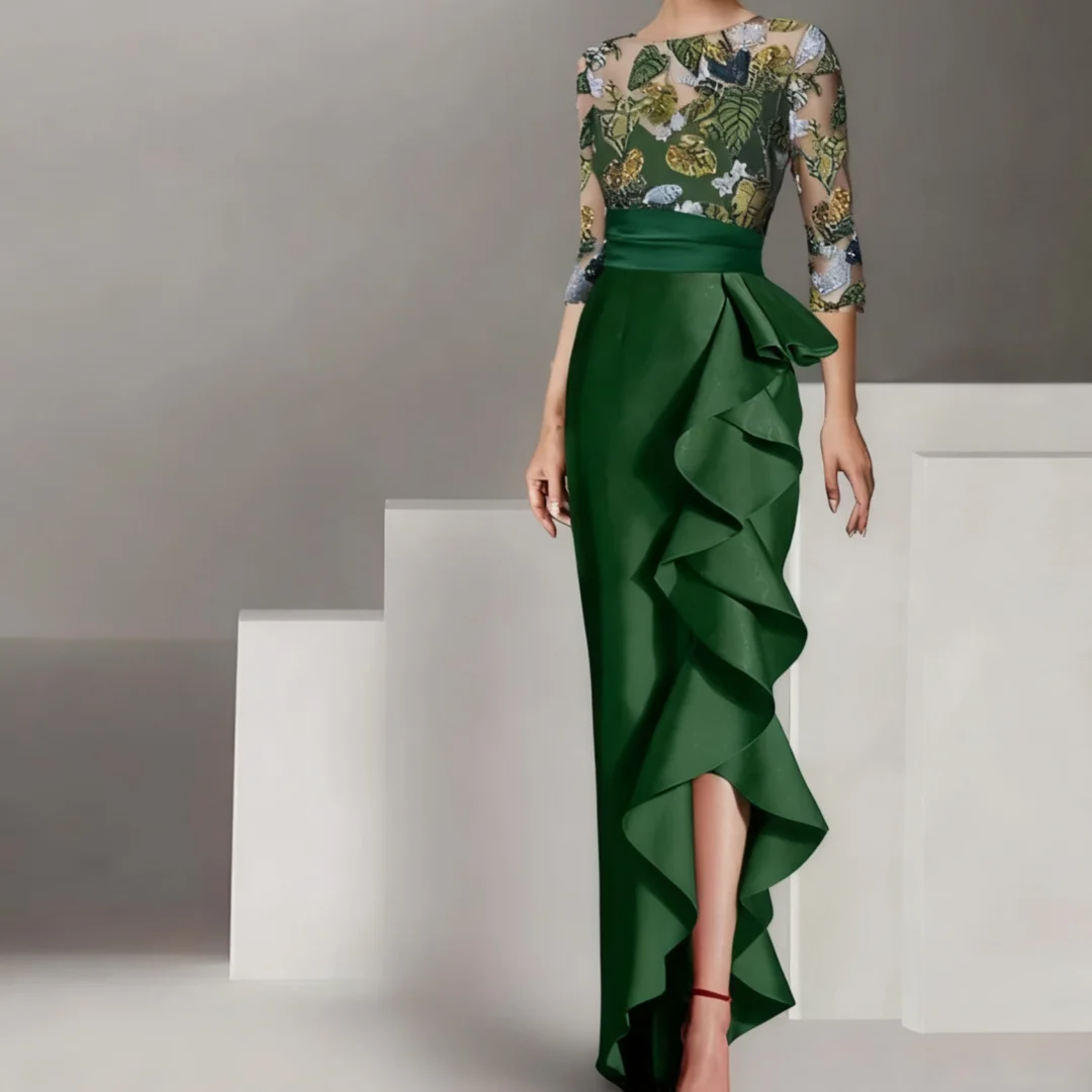 فساتين أم العروس أنيقة مزينة بالزهور بأكمام وطيات وأردية البوق Invitee Mariage مخصصة