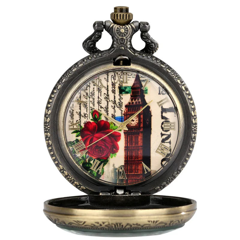 Vintage London Big Ben Rose Flower Quartz Pocket Watch with Mini Charm Necklace Chain for Men Women Collectable Timepiece