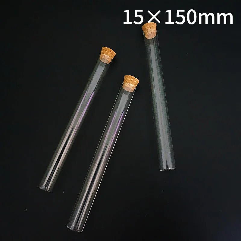 50pcs/lot 15x150mm Lab Clear Glass Flat Bottom Test Tube With Cork For Wedding Or School Laboratory