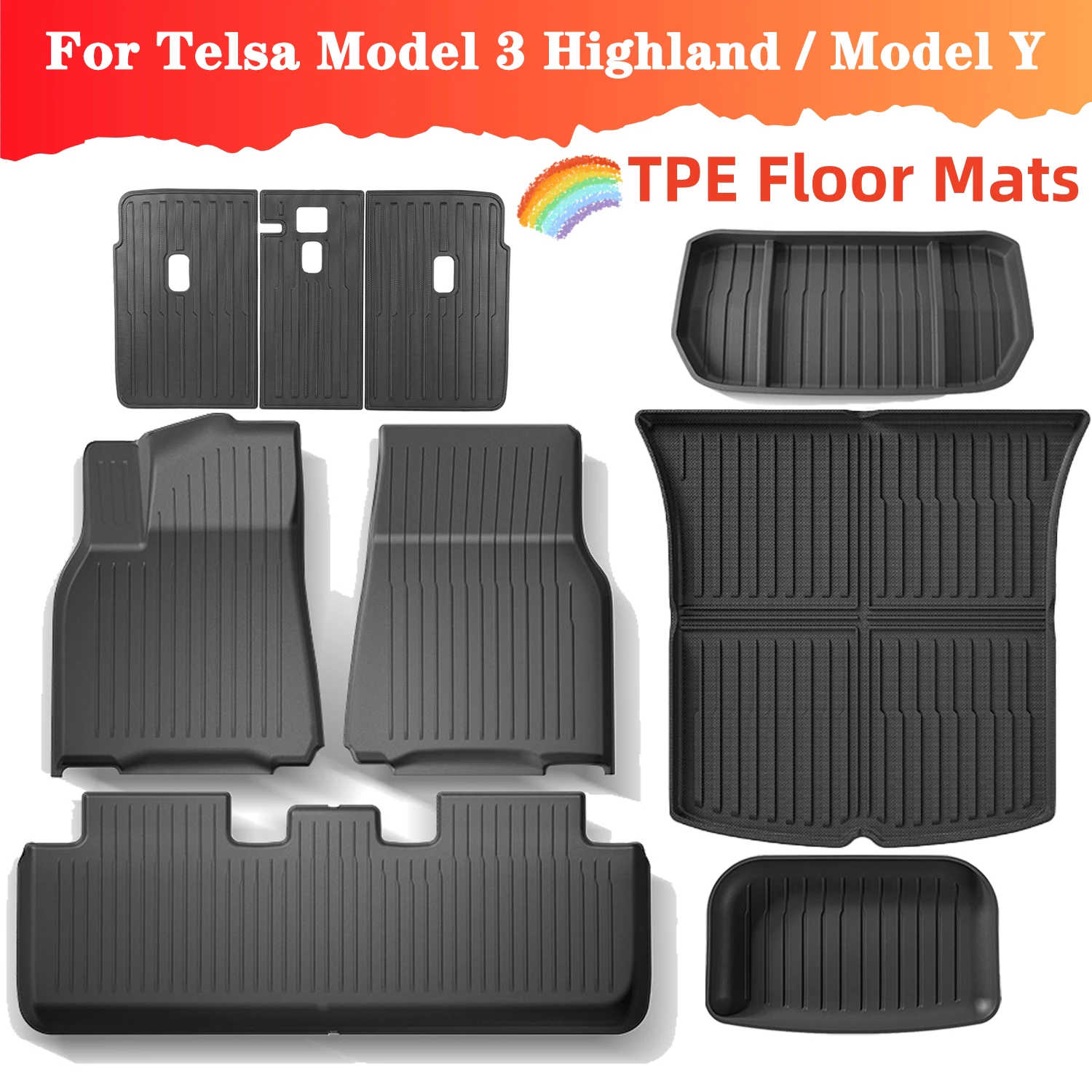 TPE Floor Mats For Tesla Model 3 Highland 2024 Model Y 2024-2017, Upgraded Waterproof Anti-Slip Front Rear Cargo Liner Trunk Mat