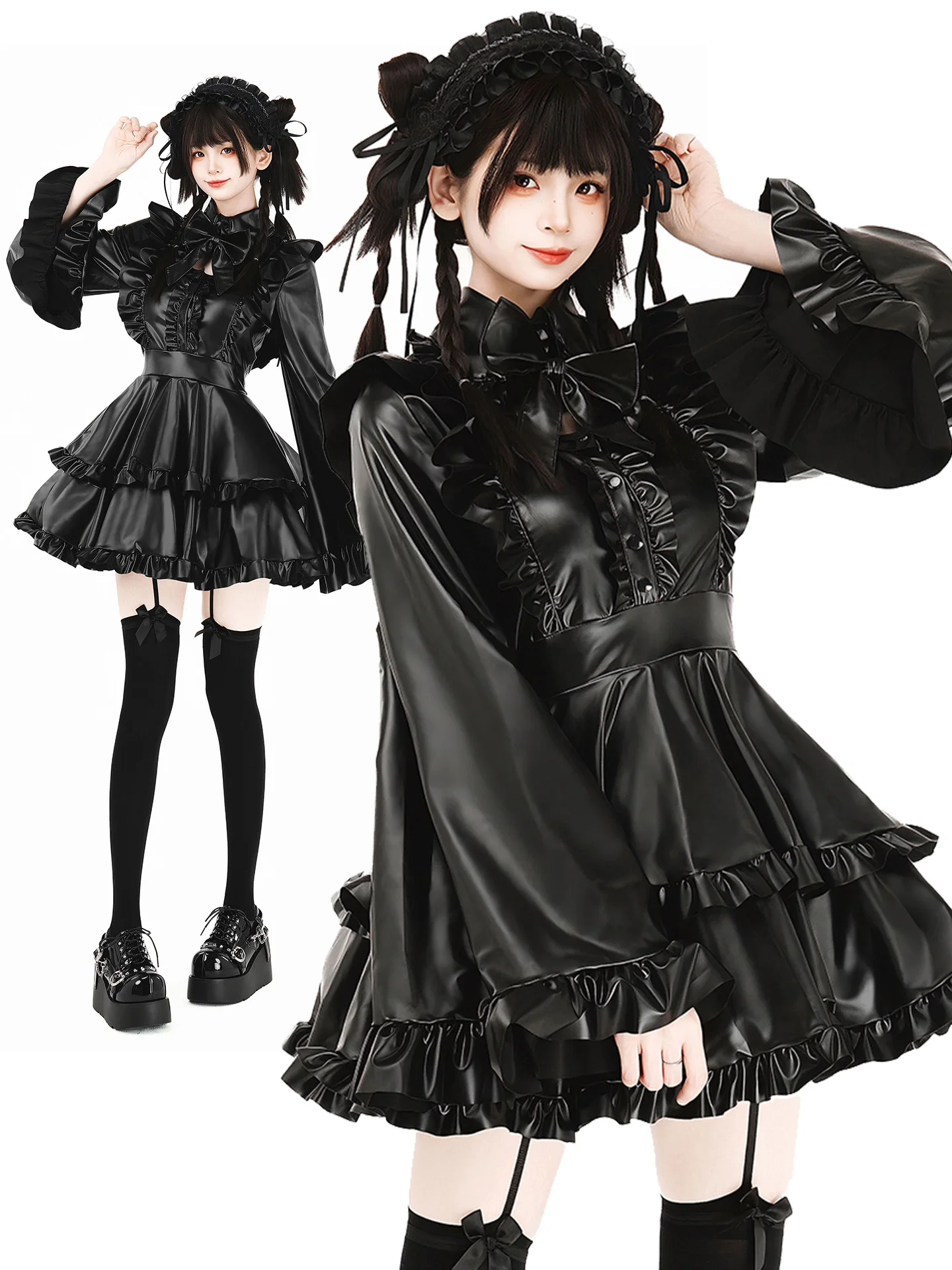 Dark PU Leather Elastic Short Skirt Dress Deep Sea Maid Uniform Cosplay Women's Clothing Hand Wash Midnight Witch Costume