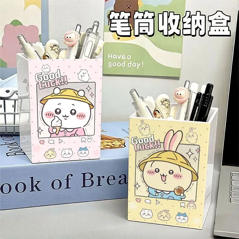 Cute Anime Chiikawa Hachiware Usagi Desktop Pen Student Stationery Box Storage Bucket Dustproof Makeup Brush Storage Bin Gift