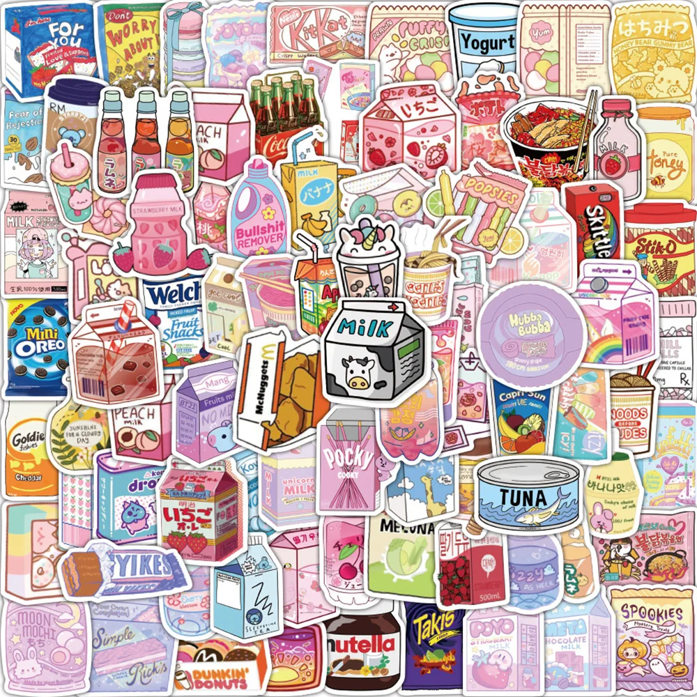 

10/30/50/100pcs Food Snacks Cute Cartoon Stickers Aesthetic Graffiti Decals Toy DIY Laptop Luggage Fridge Notebook Kids Sticker