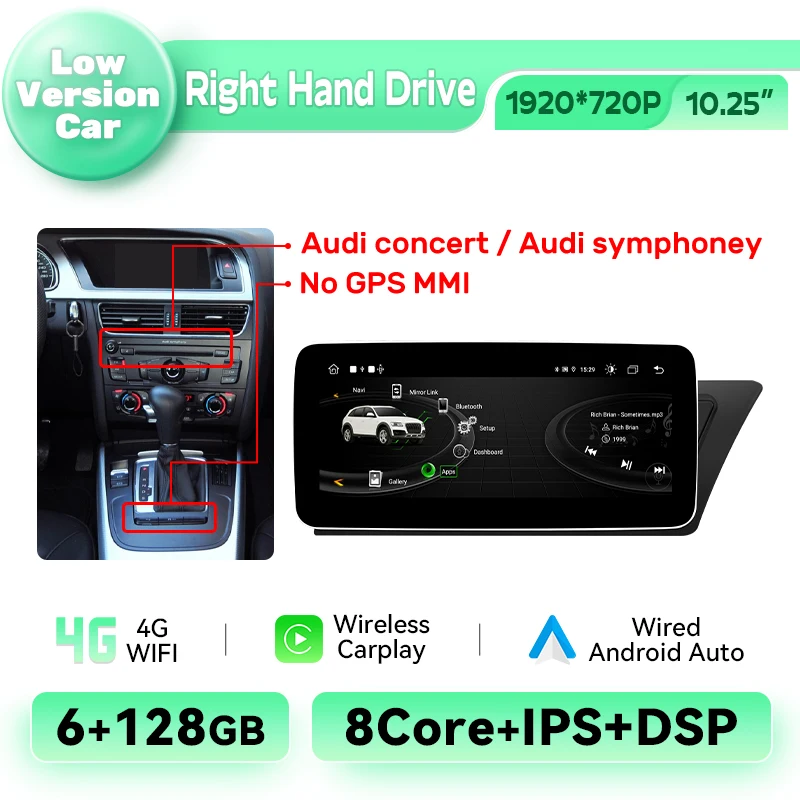 10.25Inch Scherm Draadloze Carplay Android Auto Radio Speler Voor Audi A4 B8 A5 2009-2016 Multimedia Android14 GPS 4G WIFI DSP