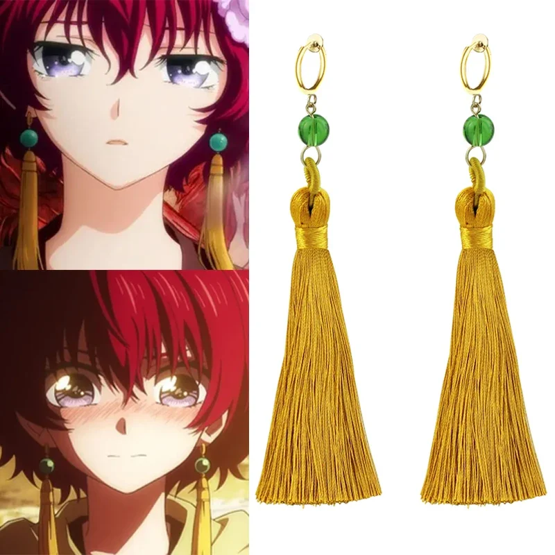 Anime Akatsuki No Yona Princess Earrings Yona of the Dawn Haku Green Beads Tassel Hook Clips Women Cosplay Jewelry Props Gift