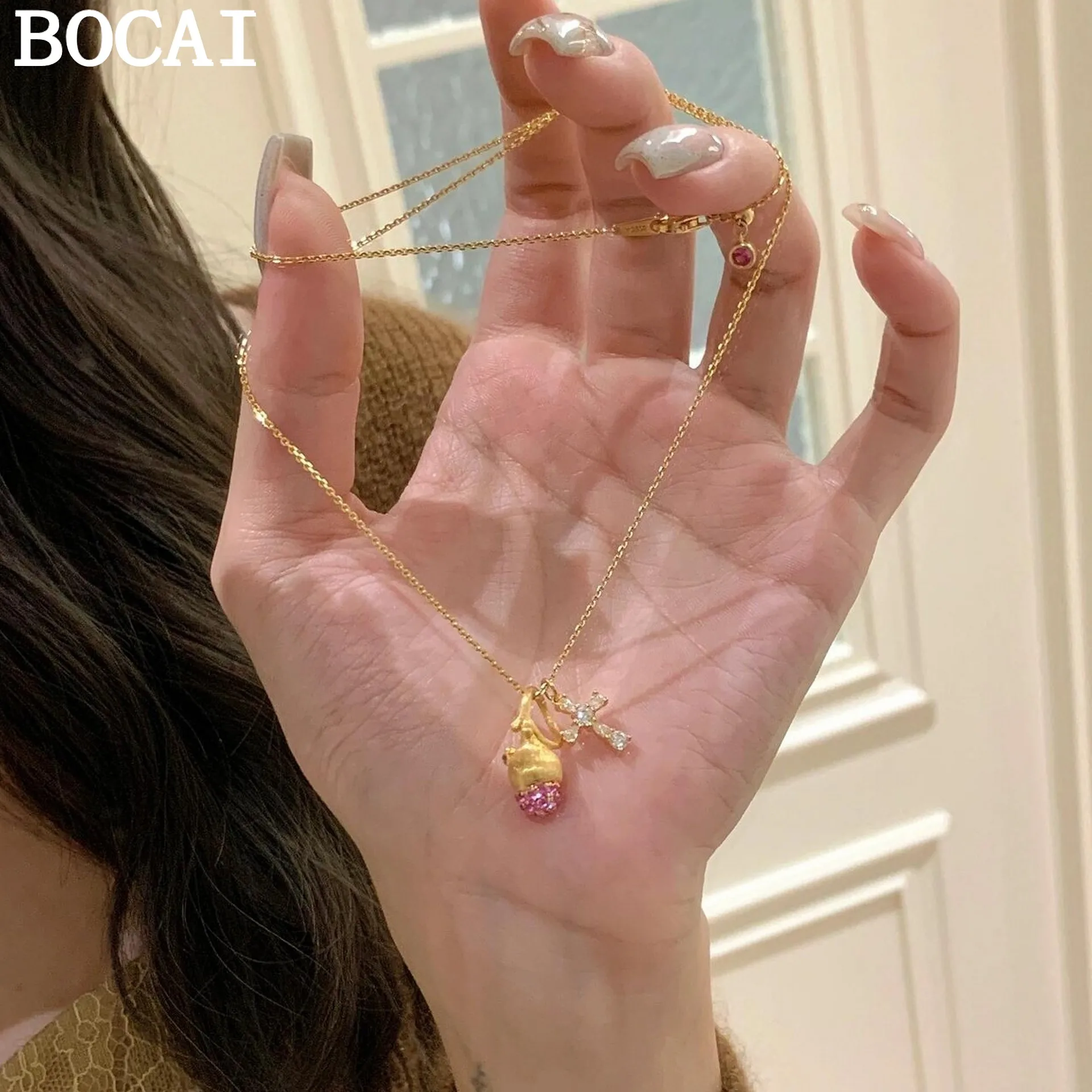 

Новое модное ожерелье BOCAI из серебра S925 с матовой отделкой, подвеска в виде сосновой шишки и креста, женский стиль