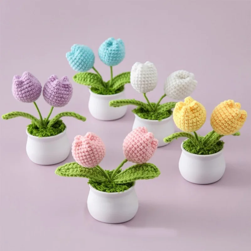 1pc Multicolore Handmade Woven Flower Potted Artificial Knitted Crochet Tulip Plant Ornaments DIY Material Home Desktop Decor