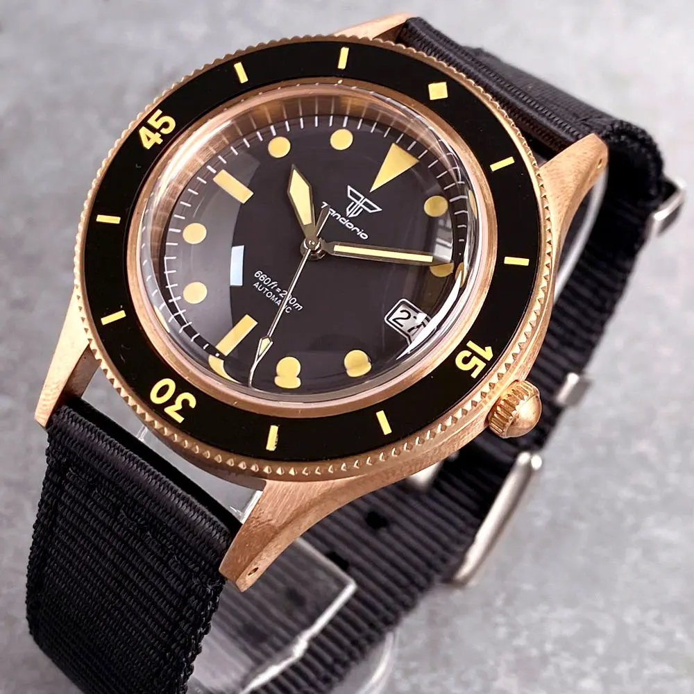 

Tandorio Date 40mm Vintage CUSN8 Bronze Case Mechanical 200M Waterproof Men Watch NH35A Nylon Strap C3 Luminous Mark Insert