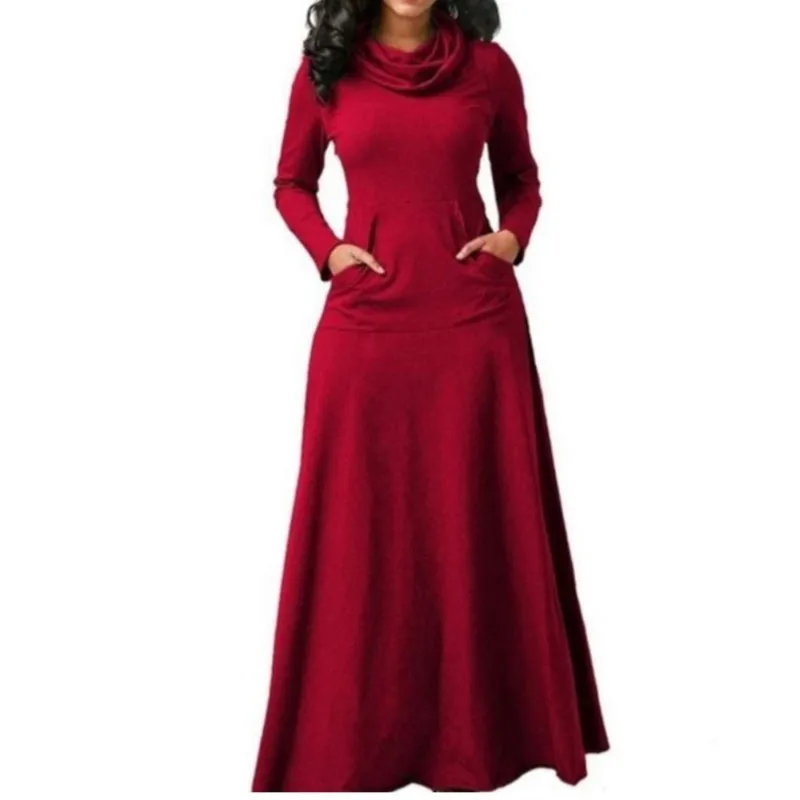 Robe longue décontractée pour femmes, couleur unie, épissure, col de poche, grand pendentif, taille haute, manches longues, Maxi, automne hiver 2024