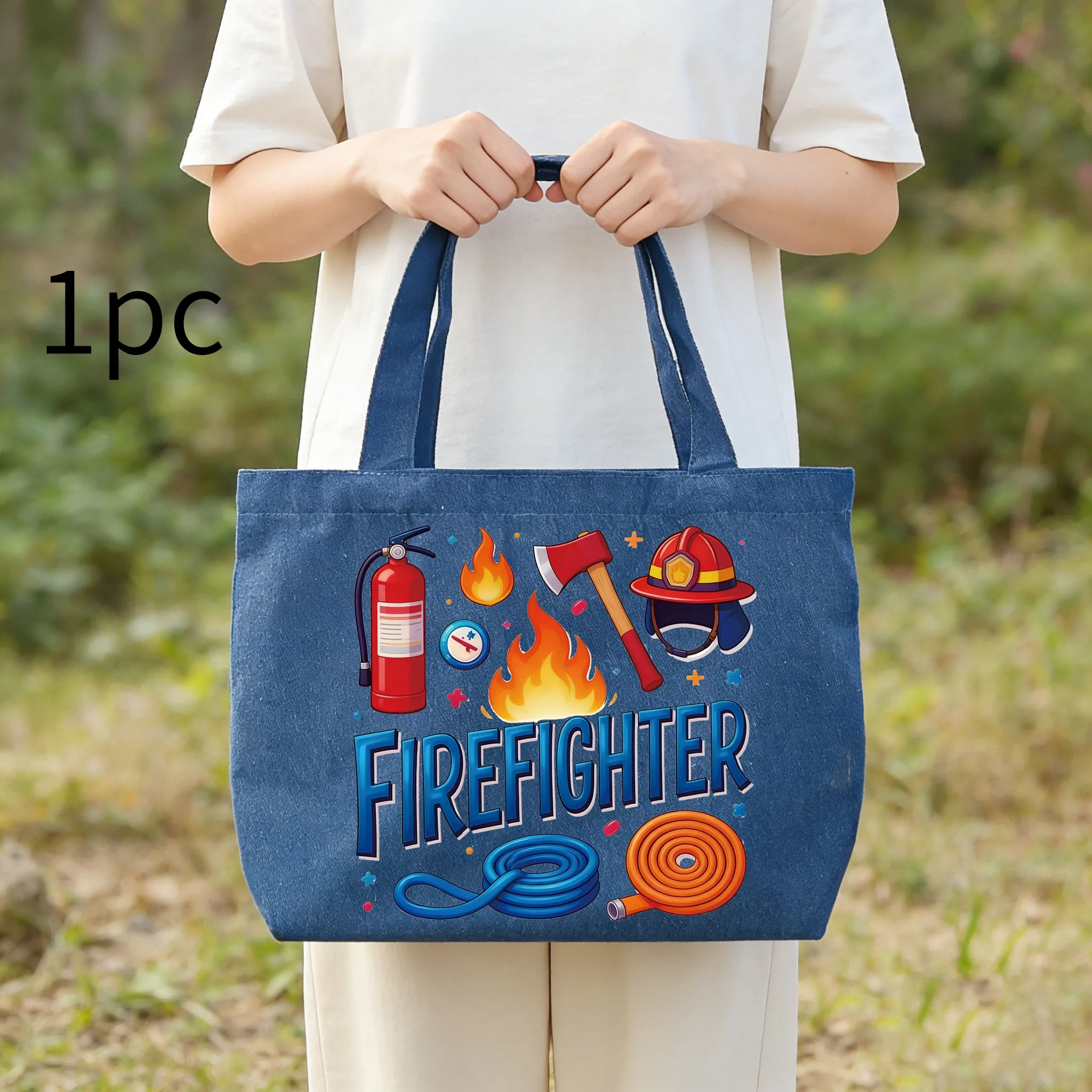 1pc Firefighting Equipment Pattern Denim Canvas Shoulder Bag, Washable Eco-friendly Tote, Daily Casual Handbag