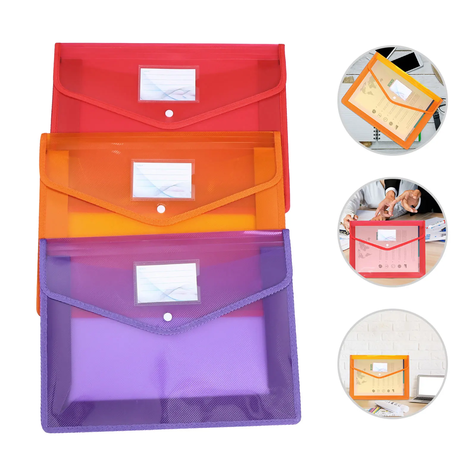 

3Pcs Clear A4 Document Folder Waterproof PVC File Pouch Button Snap Press Button Office Document Organizer Storage Envelope