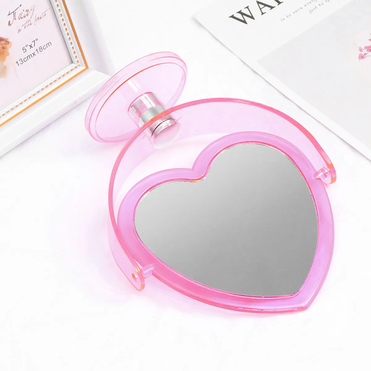 Loving Heart Acrylic Makeup Mirror Pink Two-Sided Desktop Decorative Mirror Home Store High Definition Adjustable Standing