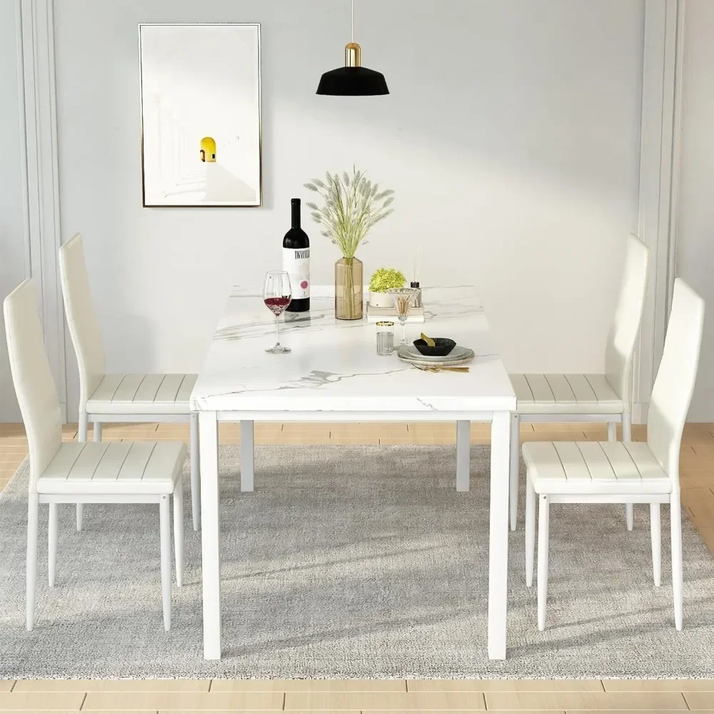 Marble Kitchen Dining Table Set and Chairs for 4, Comfortable PU Leather Chairs,Dining RoomTable Set for Small Space,Living Room