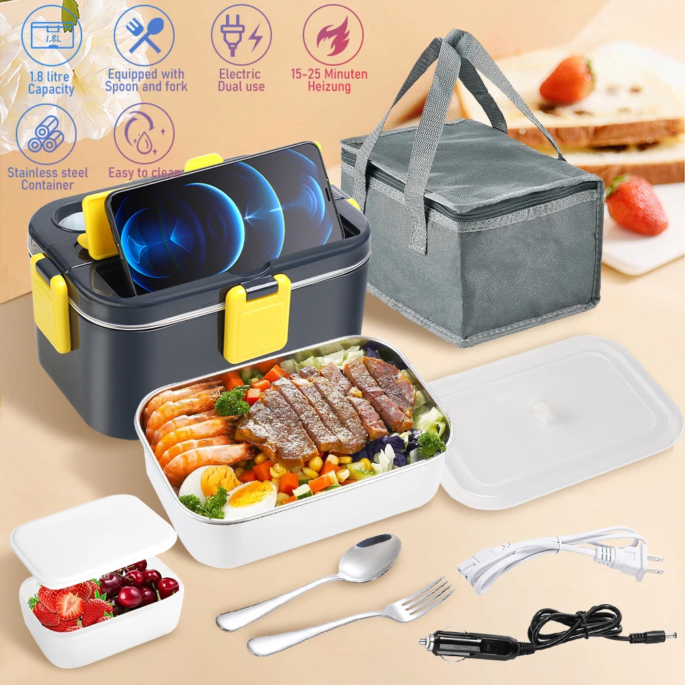 Electric Lunch Box 80W Food Heater 4 in 1 12V/24V/110V 1.8L Large Capacity for Car/Truck/Home/Office with Carry Bag&Fork Spoon