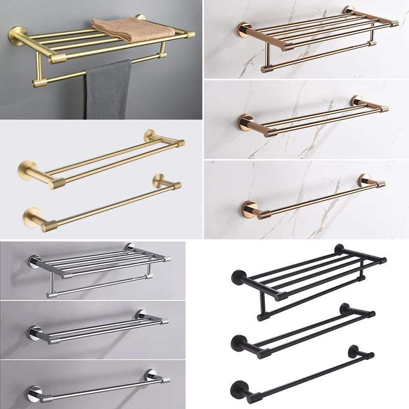 

Stainless Steel Glossy Rose Gold Double Towel Bar Wall-Mounted Towel Rack Bathroom Accessories Brushed Gold Black Chrome