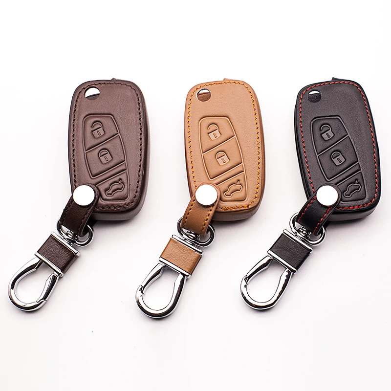 

High Quality Genuine Leather Key Chain Ring Cover 3 Button Fold For Fiat Panda Stilo Punto Doblo Grande Bravo 500 Ducato Minibus
