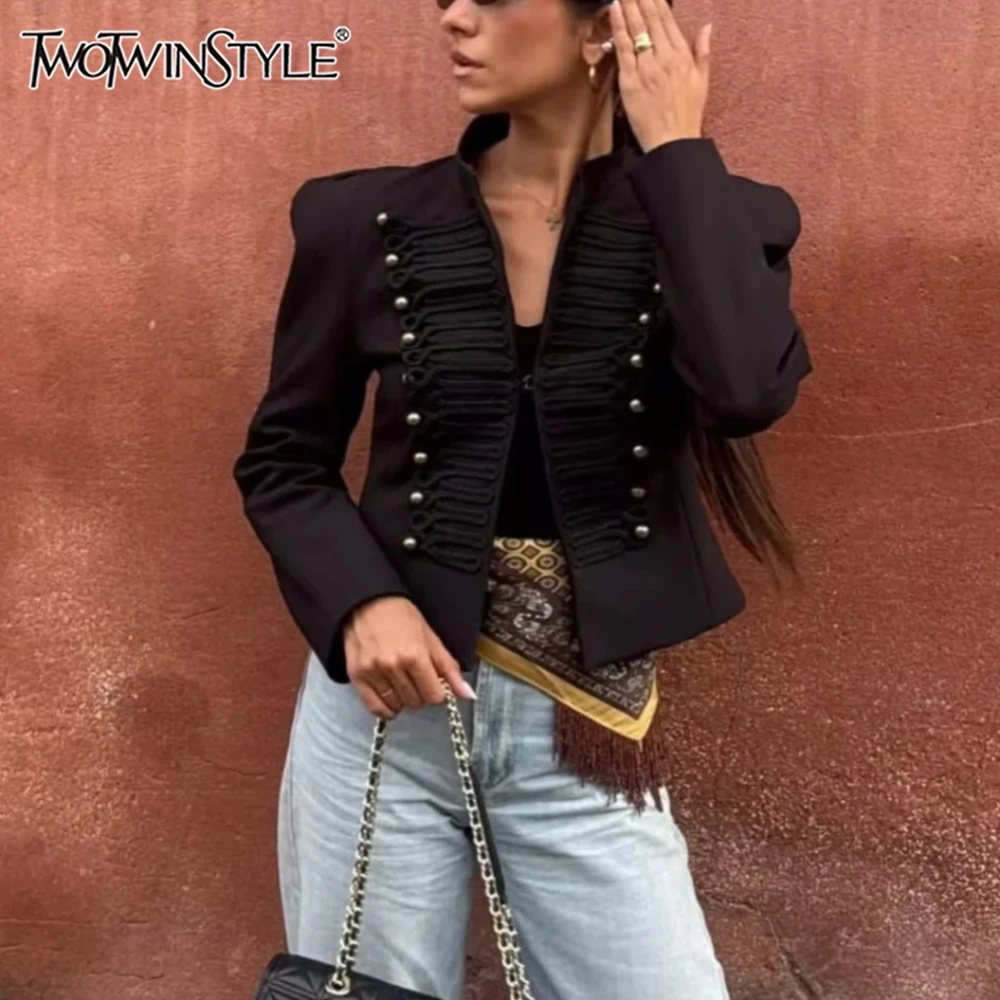 TWOTWINSTYLE Einfarbige, lockere Jacken mit Knöpfen für Damen, Stehkragen, lange Ärmel, Büro- und Pendlerjacke, weibliche Sommermode