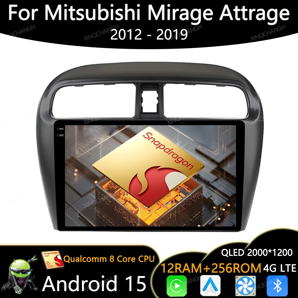 Android 15 Radio del coche para Mitsubishi Mirage Attrage 2012 2018 2019 Space Star 2014 Carplay Auto QLED reproductor de vídeo Multimedia GPS
