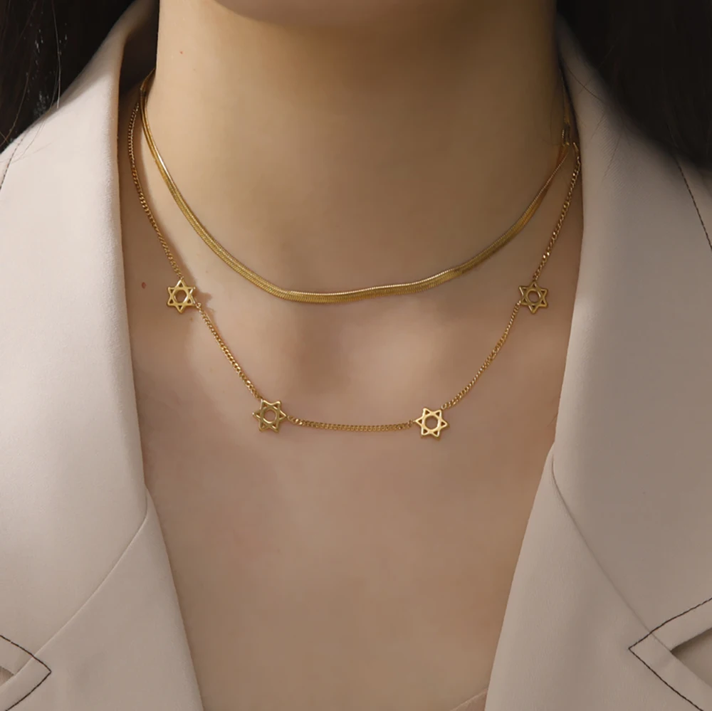 Skyrim Star of David Hexagram Necklace Women Stainless Steel Double Layer Clavicle Snake Chain Israel Jewish Judaism Jewelry