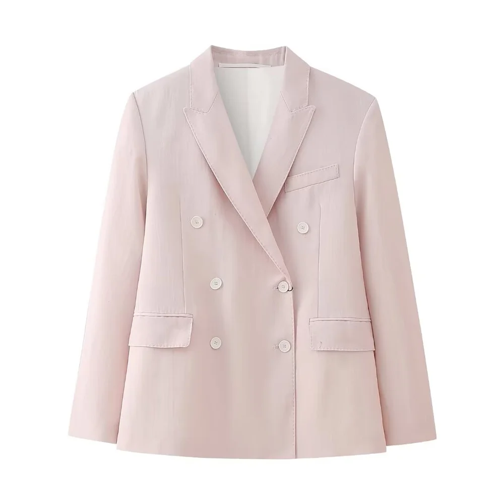 PB & ZA 2024 primavera rosa drappeggio Casual doppio petto da donna cappotto da pendolare pantaloni a gamba dritta