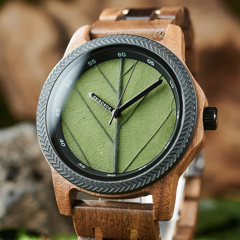 BOBO BIRD orologi da uomo in legno quadrante foglia fatto a mano benedizione personalizzata orologio da polso naturale distintivo supporto regalo in legno Dropshipping