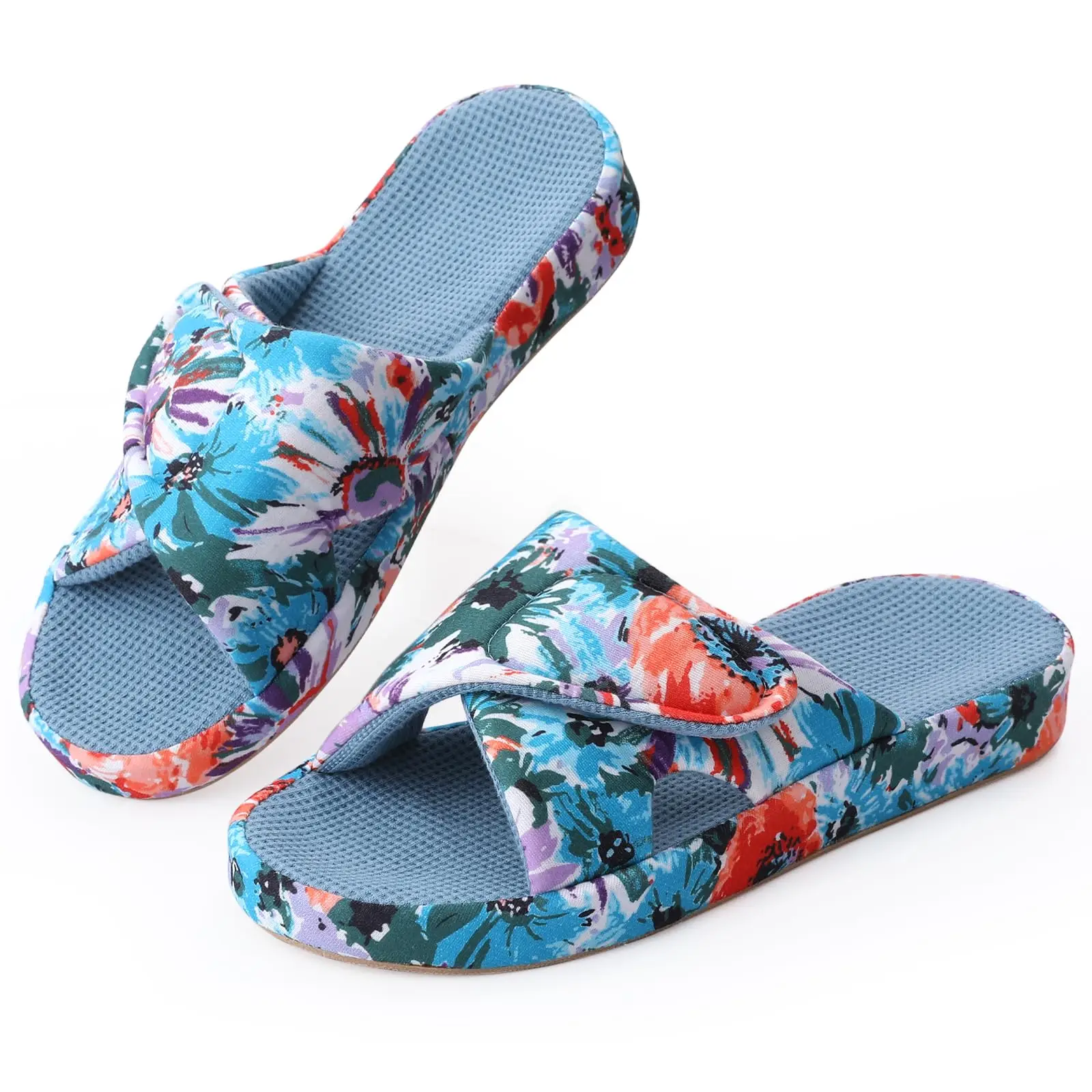 Pallene Women Waffle Cotton Slippers House Slippers With Arch Support Printed Flat Sandals Women Adjustable Open Toe Home Shoes