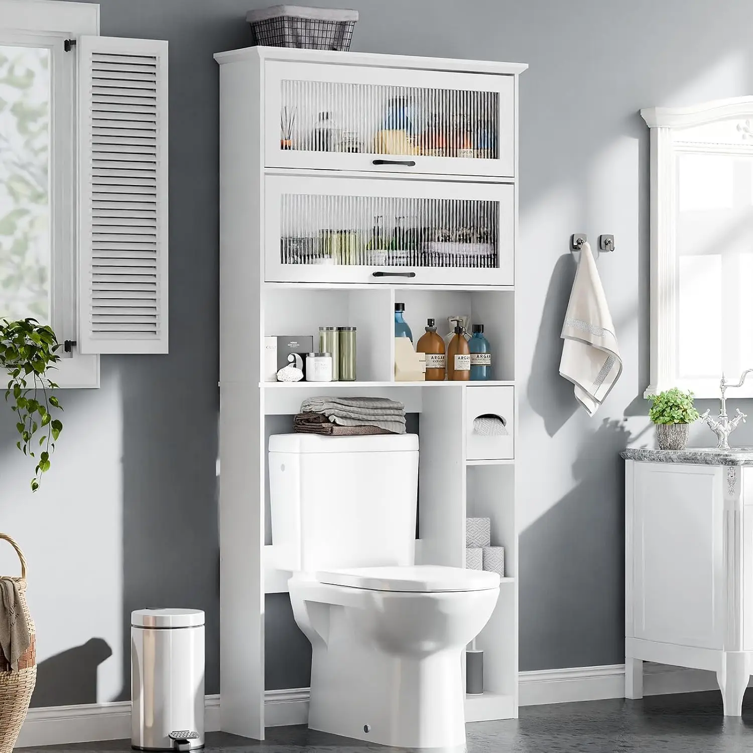 Over The Toilet Storage Cabinet with Transparent Door, Toilet Paper Storage Cabinet with Multi Layer Shelves Suitable