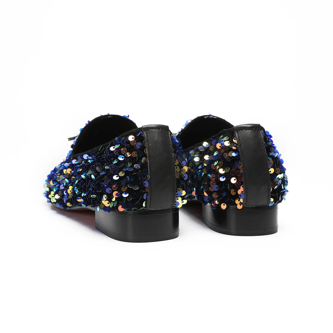 Multicolor Sequins Men Party Prom Loafers Big Size Real Leather Man Black Slip on Flat Shoes Fashion Wedding Men Club Dress Shoe