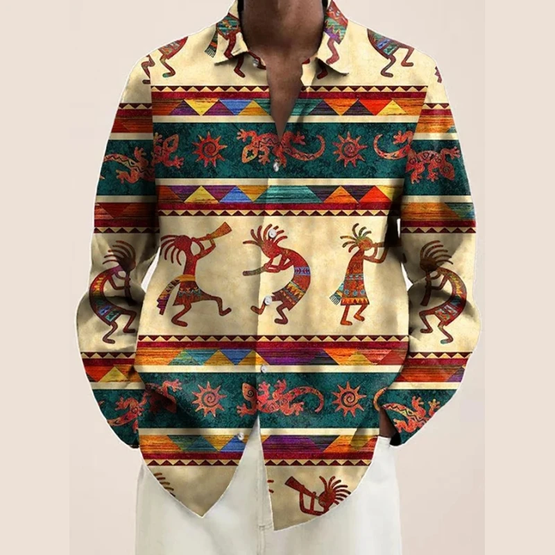 Vintage Ethnic Style Print Men\'s Shirts Casual Single-Breasted Blouses Long Sleeve Shirt Streetwear Lapel Tops Trend Men Clothes