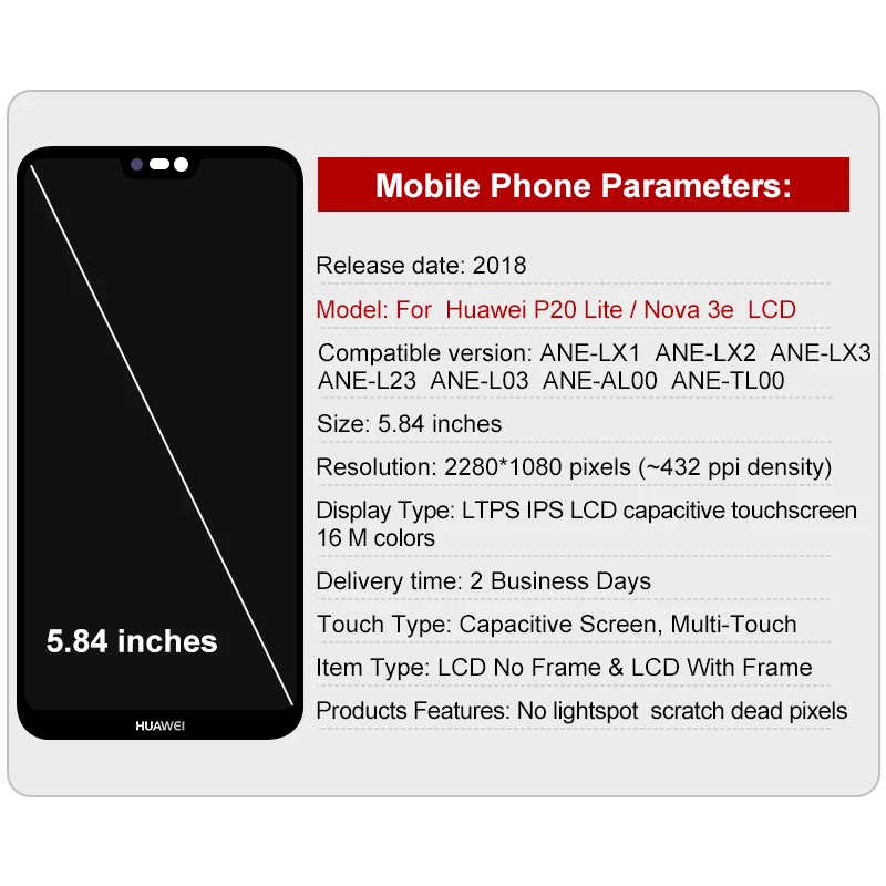 IPS LCD For HUAWEI P20 Lite LCD Display Screen ANE-LX1 ANE-LX2  Display ANE-LX3 LCD Digitizer Assembly Parts For Nova 3E Screen