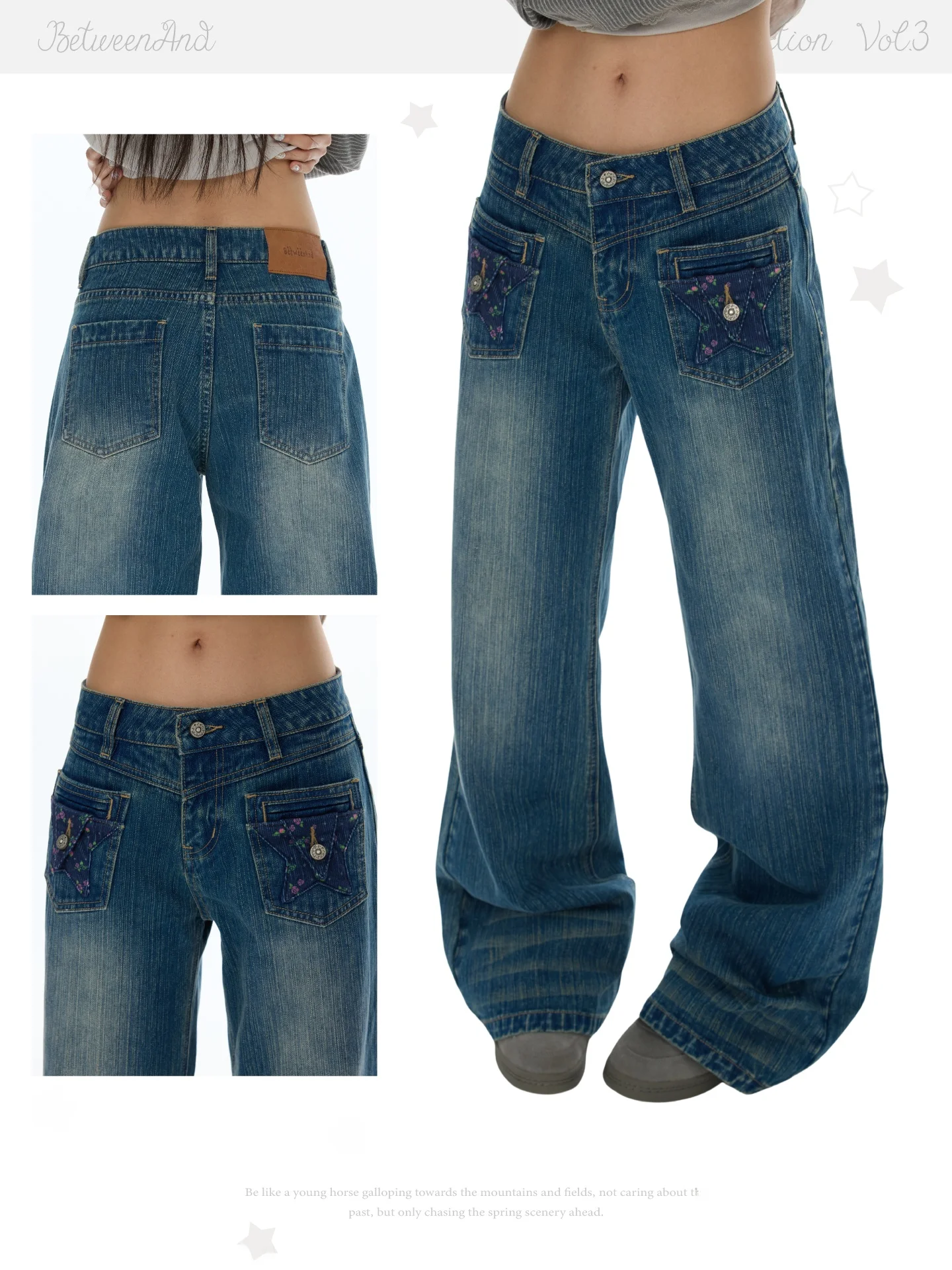 BENAND Casual Cotton Jeans Textured Slimming Star Patch Pocket Straight Leg Bell Bottom Bamboo Fiber Ladies Jeans