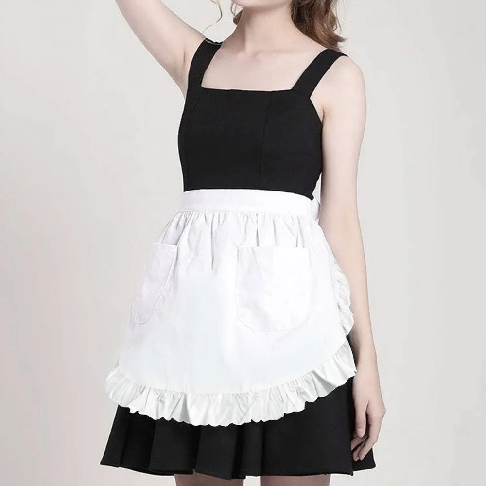 Creative Cosplay Maid Apron Hat Set Lace Trim Short Half Apron with Pocket White Lolita Bonnet Hat Milk Tea Shop