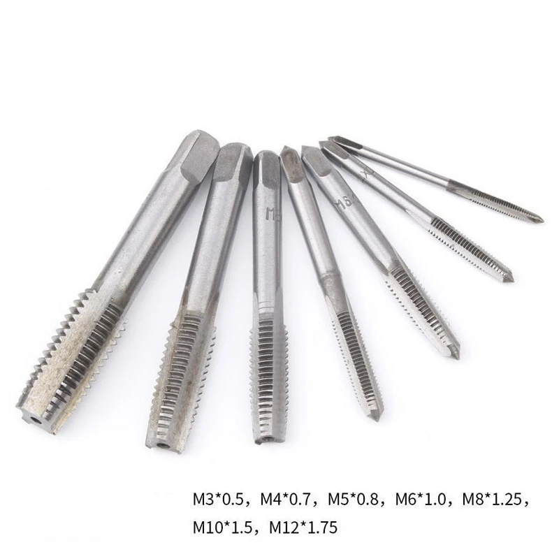 7Pcs Screw Thread Tap Set M3 M4 M5 M6 M8 M10 M12 HSS Straight Fluted Machine Straight Metric Plug Tap Drill Bits Set Hand Tools