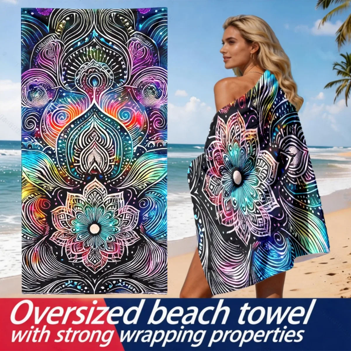 Neon mandala lotus pattern polyester microfiber beach towel is highly absorbent, suitable for swimming and beach outings