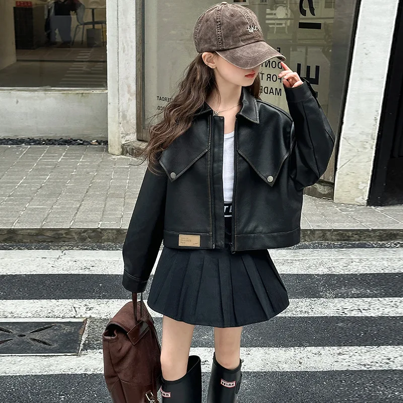 Short Leather Jacket Coat Grils Children Spring Autumn New Cool Casual Solid Fashionable Soft Comfortable Long Sleeves