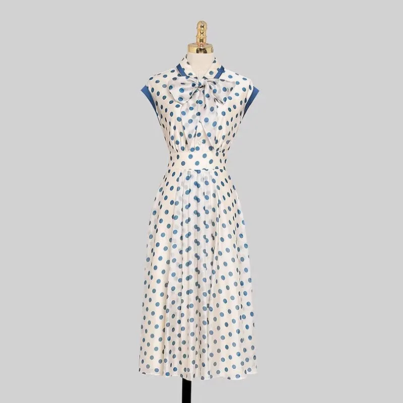 Hepburn Vintage Polka Dot Print Women Dresses Fashion Bowknot Summer Ladies Slim Waist Fold A-Line Mid Party Dress Femme