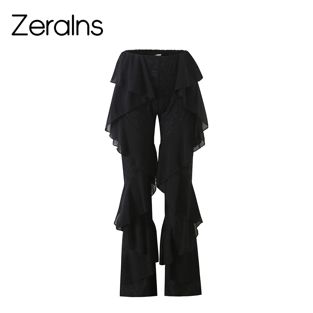 ZERAINS French sexy mesh splicing with slightly transparent ruffle edge design for slimming casual pants and pants