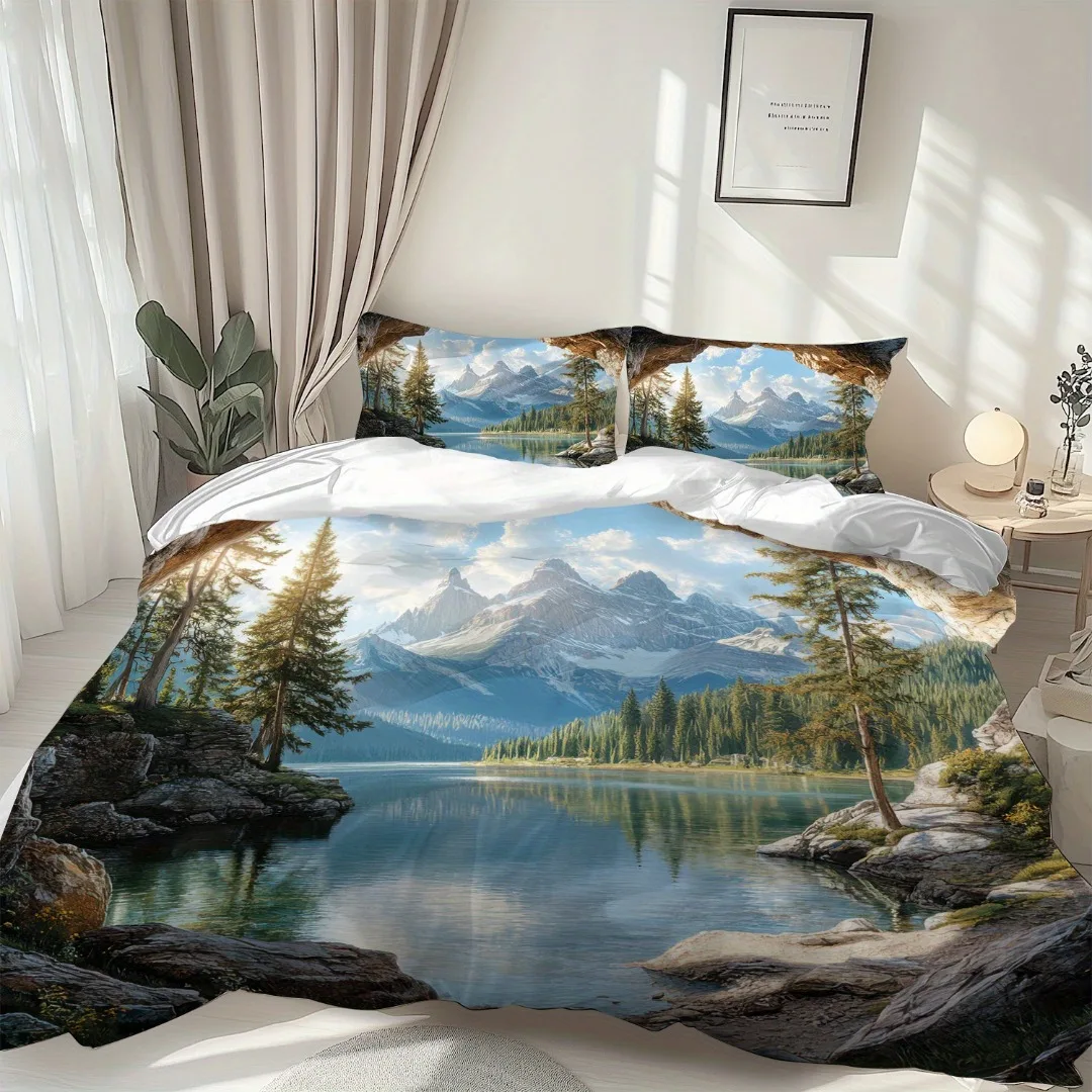 3pcs Refreshing Lakeside Landscape 3D Printed Bedding Set Cozy Duvet Cover King Queen Twin Size Birthday Gift Bedroom Decoration