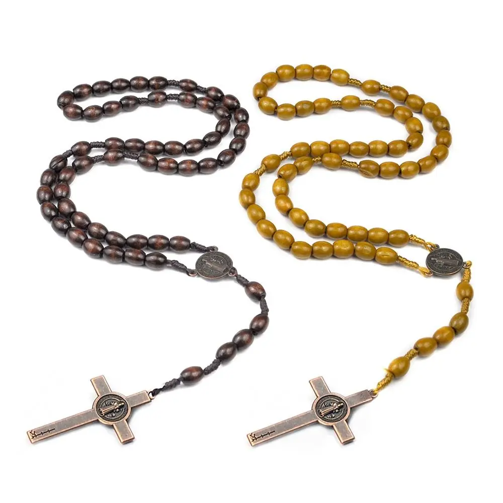Car Hanging Ornament Handmade Rosary Necklace Religious Catholic Wood Beads Necklace Durable Deep Brown Crucifix Pendant Chain