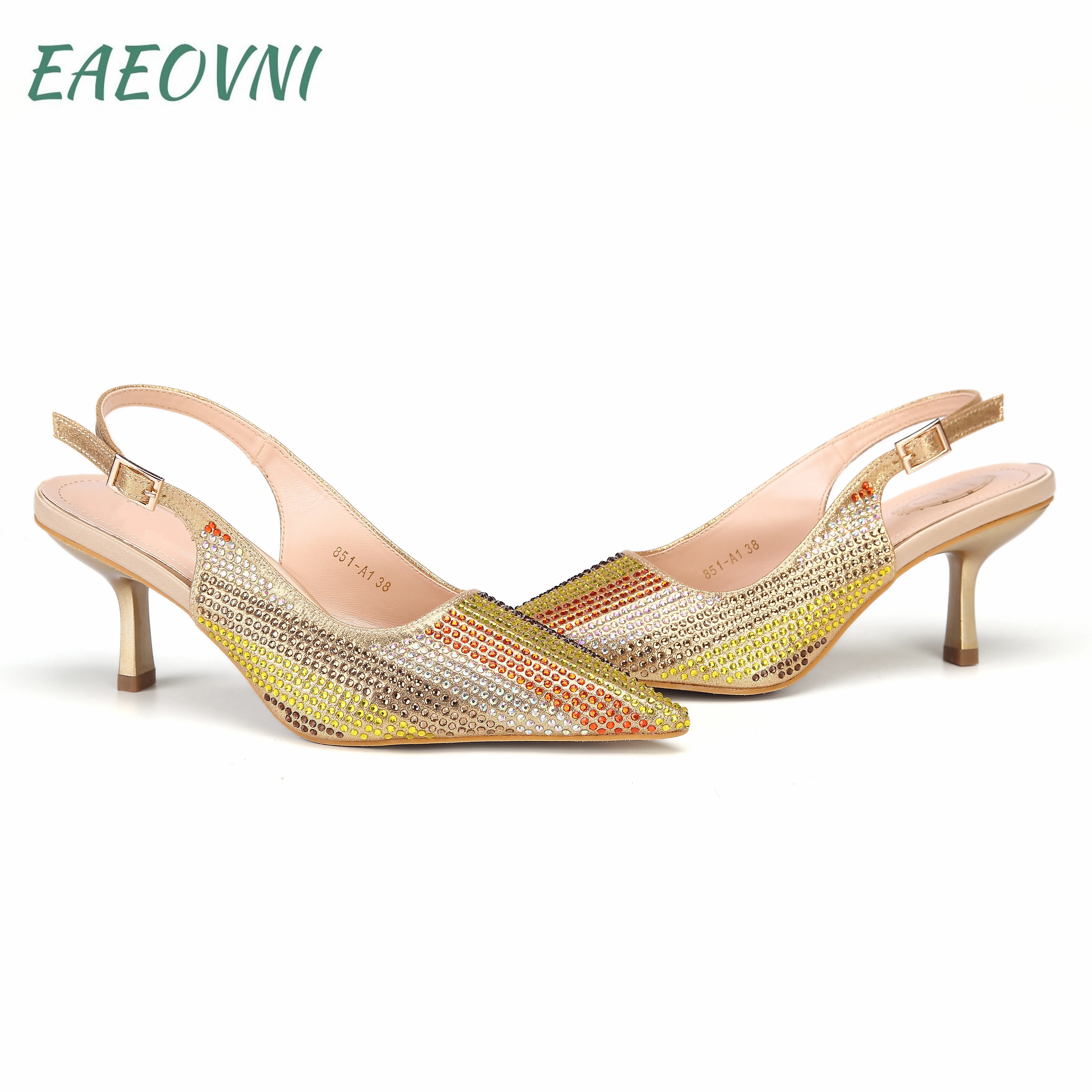 Gold Color Decoration Full Crystal Comfortable Heels Sandals Nigerian Fashion Ladies Shoes And Bag For Friends Wedding Party