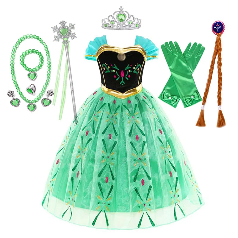 

Girl Anna Princess Dress For Girls Green Luxury Tutu Dress Birthday Gift Party Cosplay Ball Gown Halloween Costume Dress Up