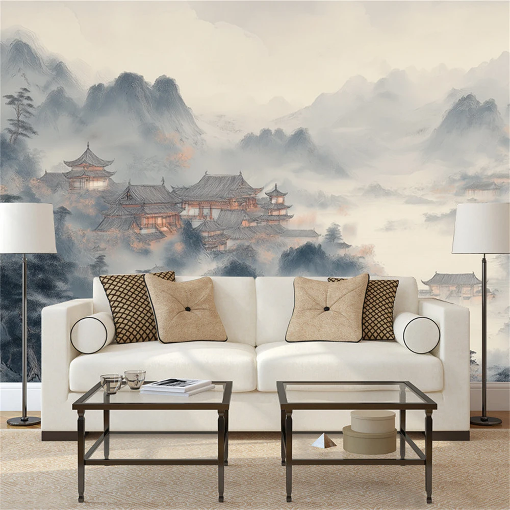 custom wall cloth TV background New Chinese wall paper living room sofa film television wallpaper bedroom ink mural 3D landscape