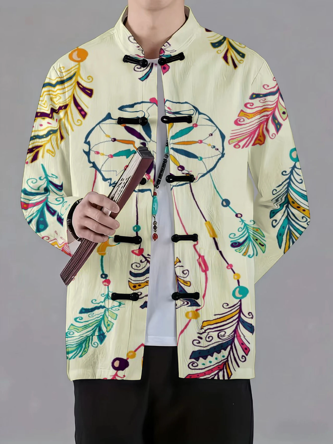 Men Mandarin Collar Frog Button Jacket Abstract Foliage Dreamcatcher Feather Art Print Traditional Outerwear