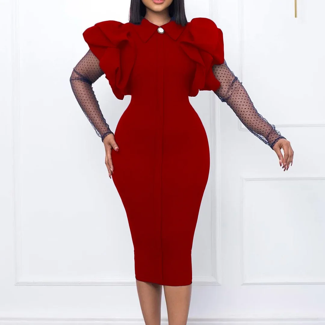 

Autumn Dress Women's Fashion Solid Doll Neck Mesh Splice Long Sleeve Pencil Dress Women's Temperament Commuter Fitted Dress