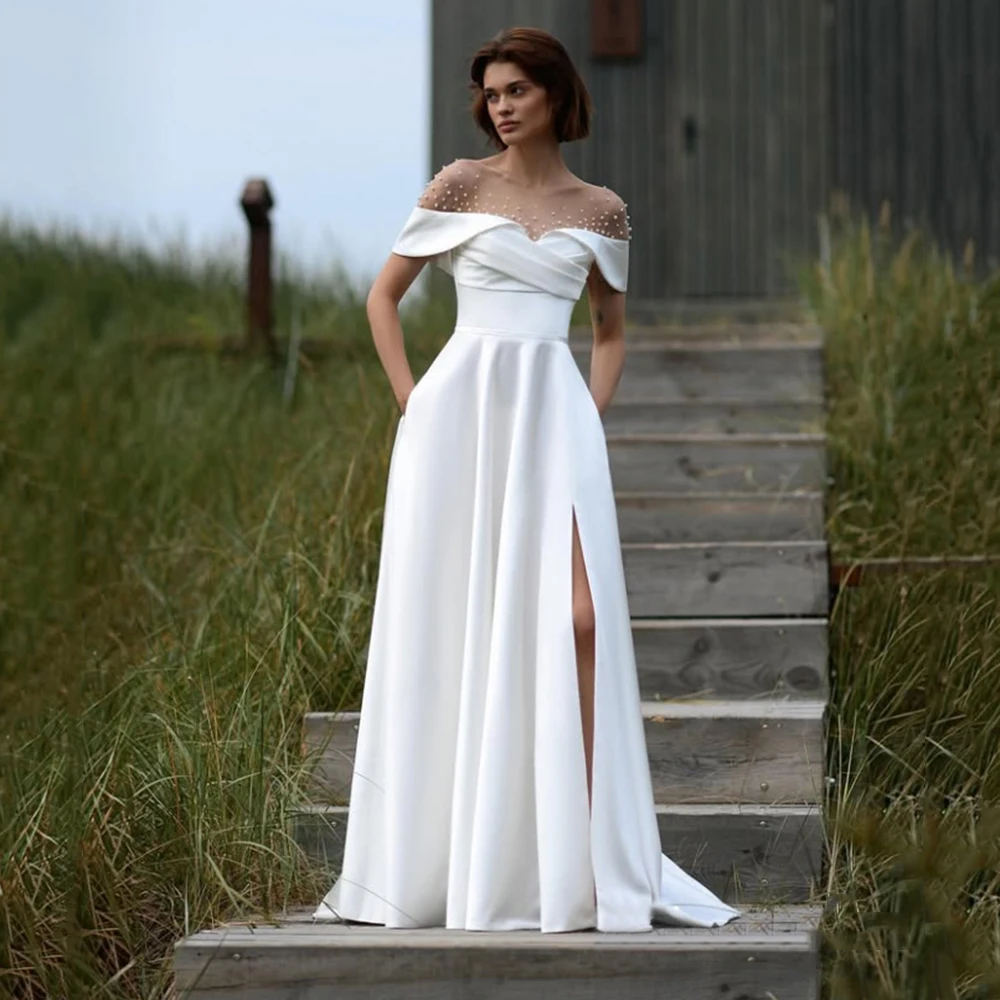 

Customized White O-neck A-line Satin Jersey Wedding Dress Beading Off the Shoulder Draped Split Backless Floor Length Bride Gown