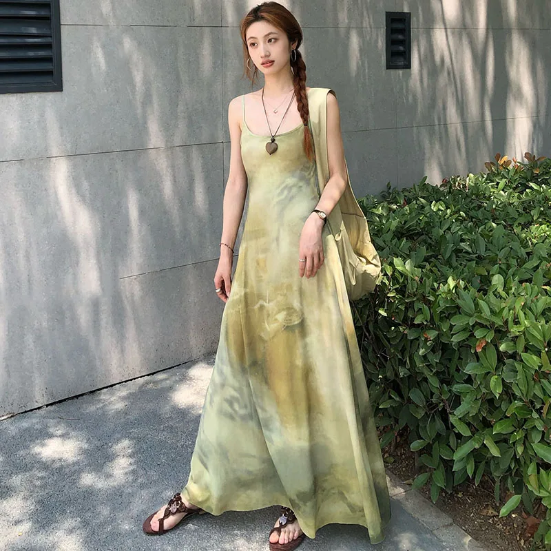 Damen Vintage Slip Maxikleid Grün Lässiges Sommerkleid Weibliches Tägliches Bequemes Ärmelloses Reisekleid