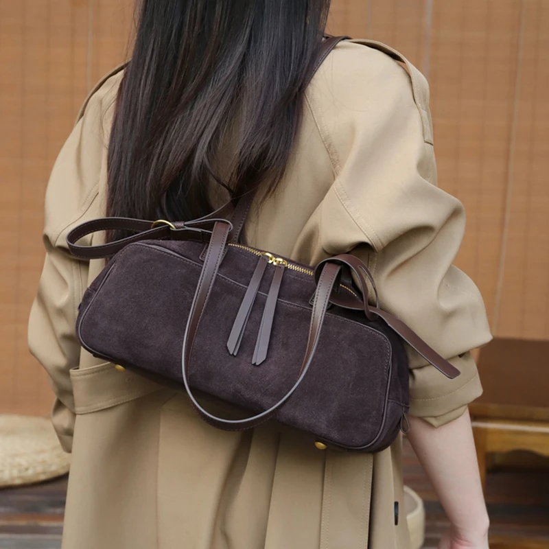 

Burminsa Cowhide Suede Genuine Leather Underarm Shoulder Bags For Women 2025 Luxury Designer Bowling Totes Work Ladies Handbags