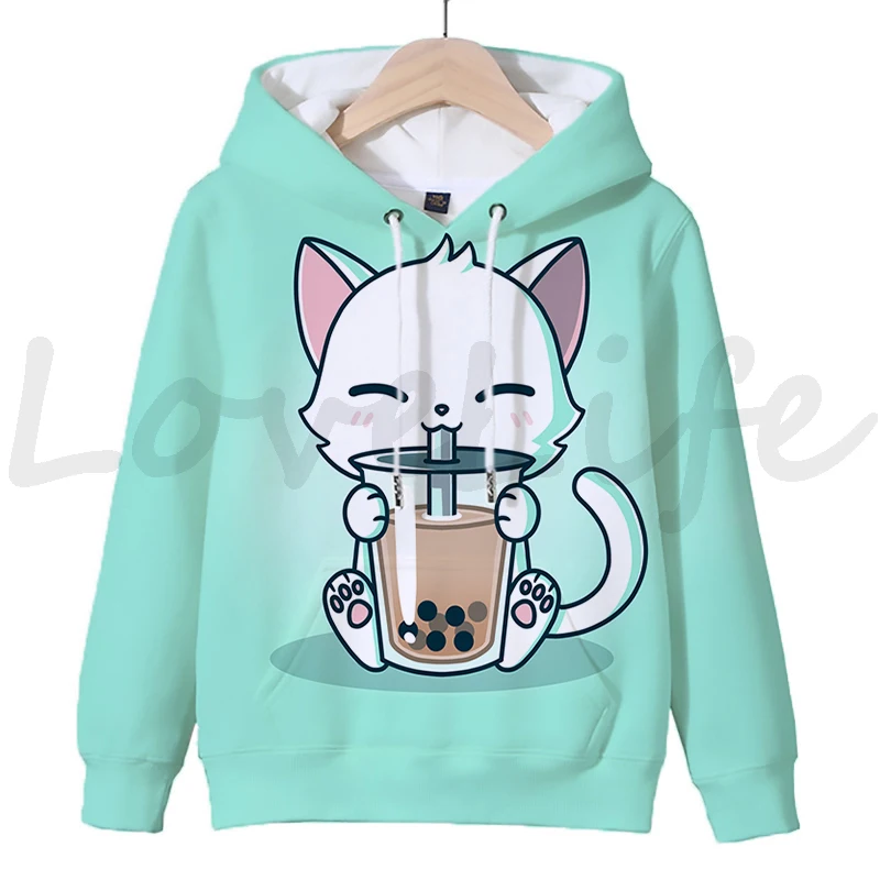 Mèo Hoạt Hình Boba Trà Áo Hoodie Nỉ Động Vật 3D In Áo Khoác Trẻ Em Kawaii Áo Thun Cổ Áo Áo Hoody Sudadera Trẻ Em Quần Áo